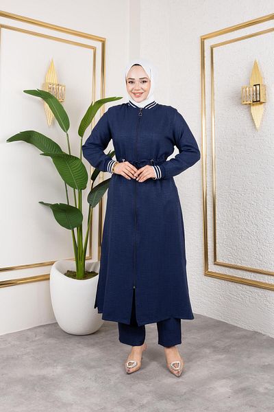 HARMAN BUTİK Women's Ribbed Zippered Navy Blue Linen Double Suit