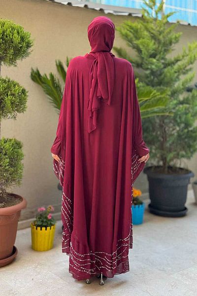 Bym Fashion Stone Detailed Abaya Dress Set 3927 Claret Red