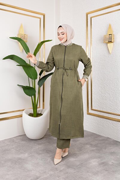 HARMAN BUTİK Women's Ribbed Zippered Khaki Linen Double Suit