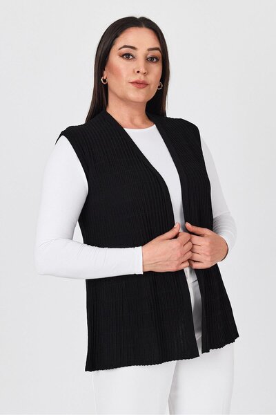 Uludağ Triko Kadın Siyah Fitilli İşlemeli V Yaka Mevsimlik Triko Anne Yazlık Yelek