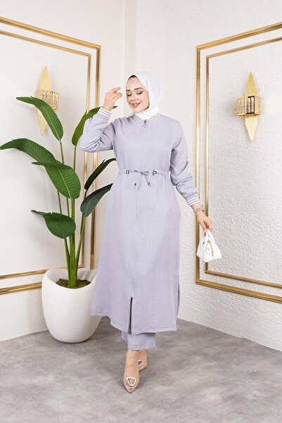 HARMAN BUTİK Women's Ribbed Zippered Gray Linen Double Suit