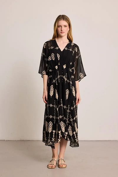 Gusto Embroidered Lined Long Chiffon Dress - Black
