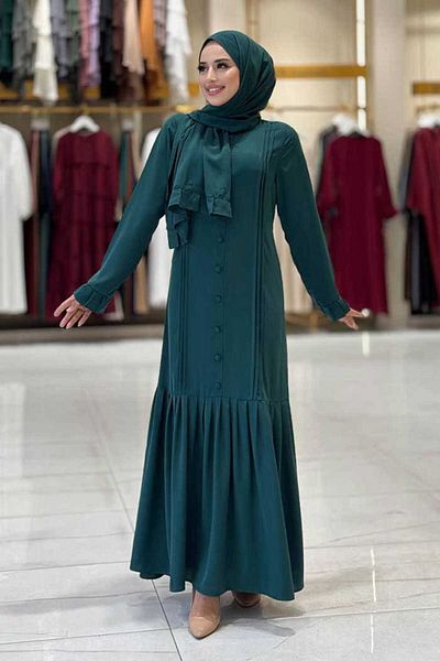 Bym Fashion Pleated Detail Dress Shawl Double Set 6039 Emerald
