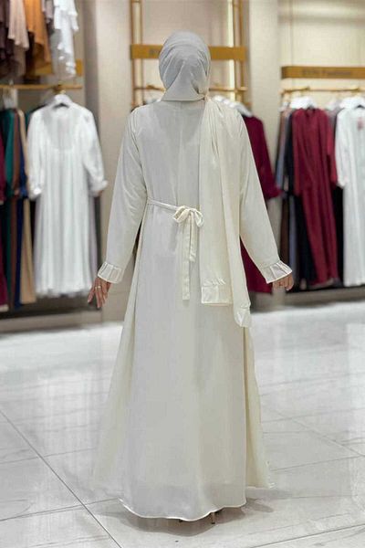 Bym Fashion Pleated Detail Dress Shawl Double Set 6039 Ecru