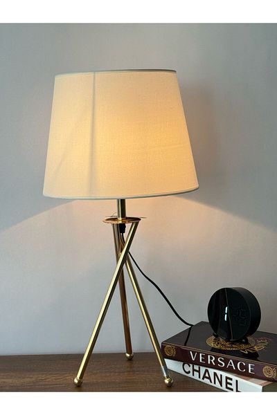 Living Modern Tripod Table Lamp with Gold Finish and Linen Shade – Ideal for Bedrooms & Offices