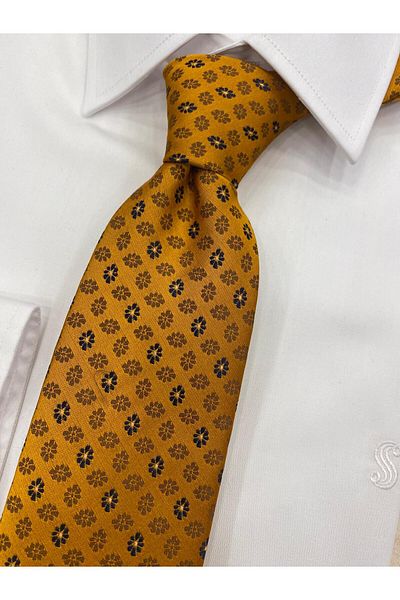 Cacharel Woven Fabric Patterned Mustard Navy Blue Tie