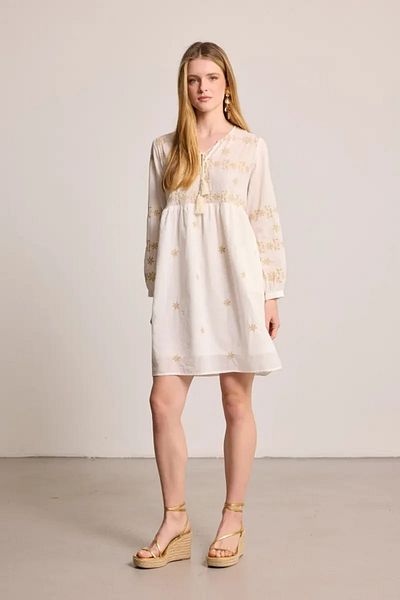 Gusto Embroidered Cotton Relaxed Cut Dress - White