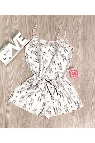 Intisimo Women's Pajamas, Satin, 2 Pieces, Pink Bunny Print, White