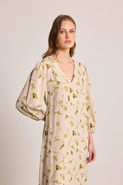 Gusto Butterfly Collection V-Neck Long Linen Dress - Beige