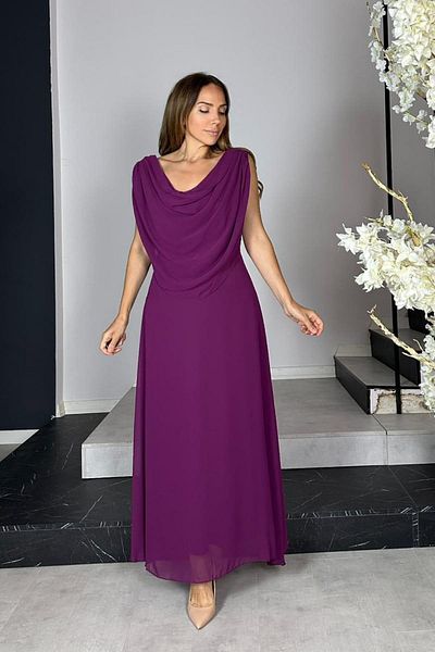 gesmoda G1437 Degaje Collar Chiffon Evening Dress Plum