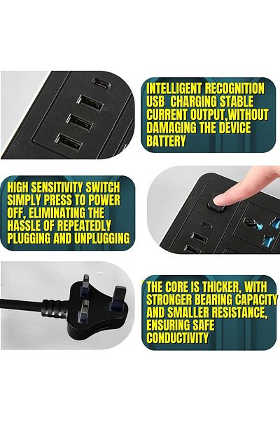 fulina Extension Cord 6 Outlets, 2M,with 3 USB Ports,with 1 Type-C Port