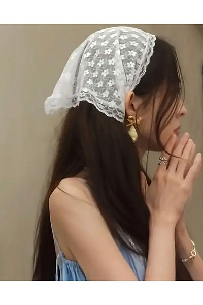 VENÜS MODA by Pınar Lace Bandana Foulard Lace Scarf White Bandana 70 cm Width