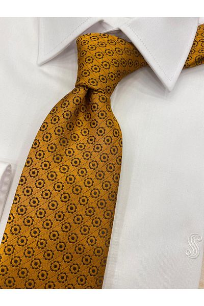 Cacharel Woven Fabric Patterned Mustard Black Tie