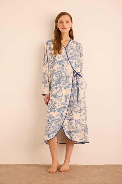 Aker Desenli Viscon Keten ,Yandan Bağlama Detaylı Sabahlık