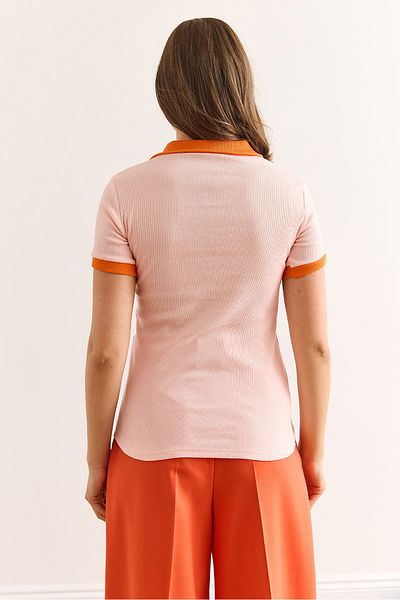 Olalook Women's Salmon Orange Polo Neck Color Detail Flexible Cotton Blouse Blz-19002920