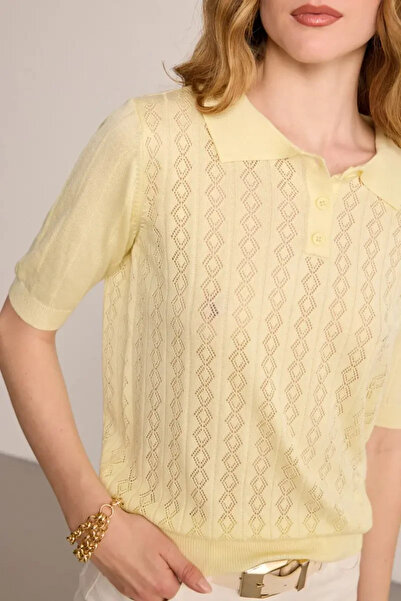 Gusto Polo Neck Openwork Short Sleeve Knitwear Blouse - Yellow