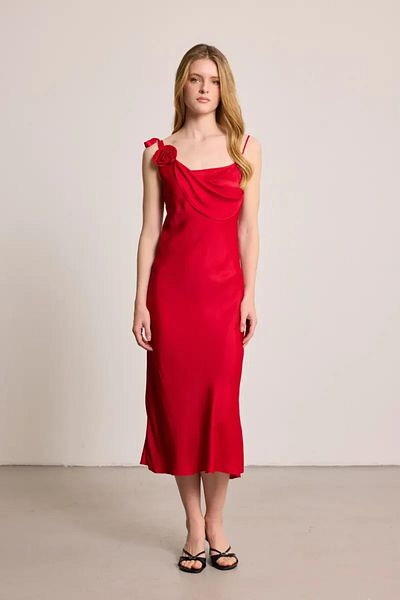 Gusto Evening Dress with Rose Brooch on Thin Straps - Red