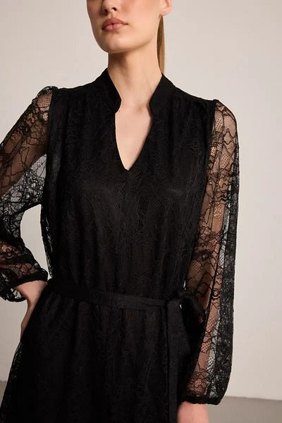 Gusto Lace Long Evening Dress - Black