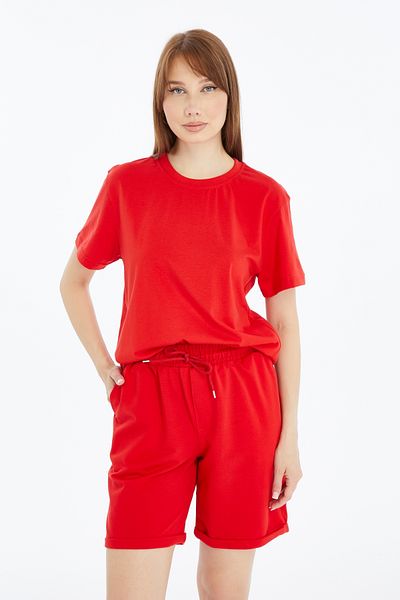 KRAVEN Women's 2-Piece Red T-Shirt & Double Leg Shorts Set, Combed Cotton, Lycra Fabric Regular Fit