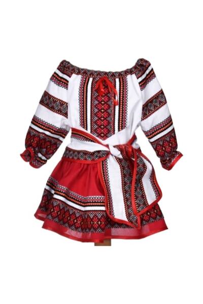 Flashmarket Costum popular, alb-rosu, 3 piese, bluza, fusta, brau, pentru fet...