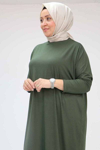 Eslina 28095 Plus Size Low Sleeve Combed Cotton Long Tunic - Khaki