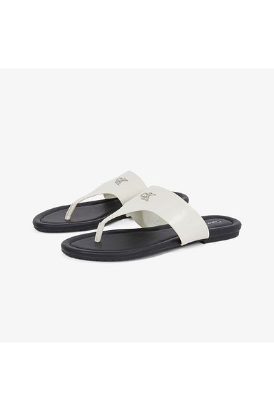 Calvin Klein Women's Flat Thin Sole Flip Flops Leather Comfortable White Slippers Yw0Yw01691-Cjh