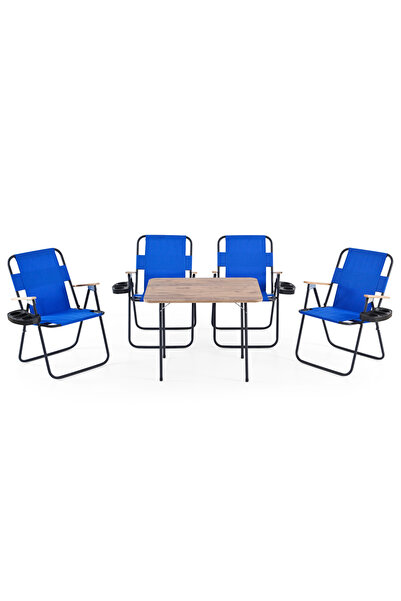 Remaks 4 adet Katlanır Kollu Bardaklıklı 4lü Kamp Sandalyesi Mavi Ve 60x80 Me...