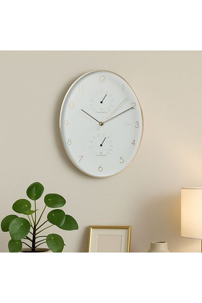 Gift Design Wall clock with weather station, 34 cm, white with gold, modern design
