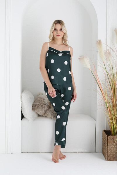 Intisimo Satin Pajamas, Tank Top, Long Pants, Polka Dots, Green/white, M->xxl - Xl