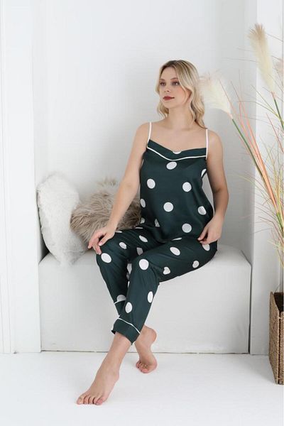 Intisimo Satin Pajamas, Tank Top, Long Pants, Polka Dots, Green/white, M->xxl - Xl