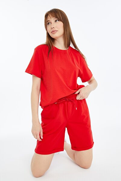 KRAVEN Women's 2-Piece Red T-Shirt & Double Leg Shorts Set, Combed Cotton, Lycra Fabric Regular Fit