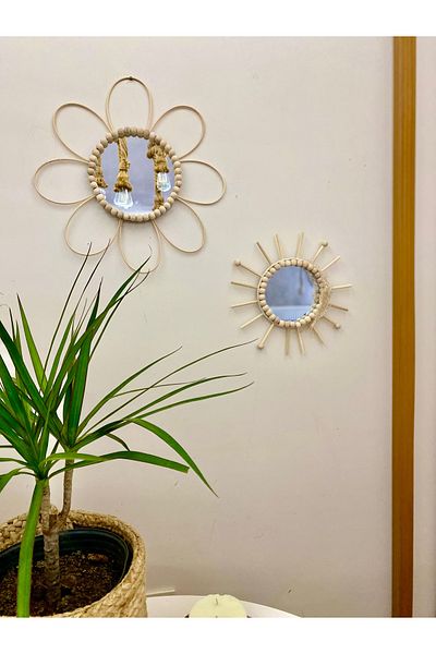 kattuna Bohemian Natural Rattan Bamboo Flower Detailed Beaded Islandinav Mirror Set of 2