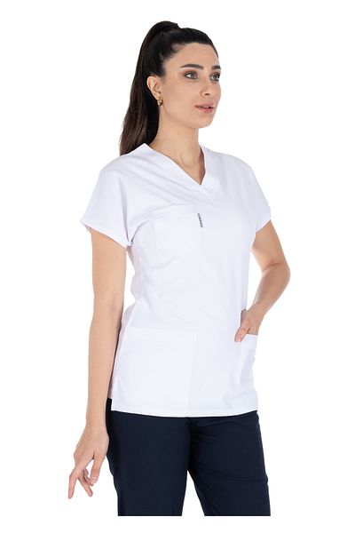 Scrubs Flex White Lycra Thin Summer Fabric Doctor and Nurse Uniform Bat Sleeve Surgical Uniform (Single Top)
