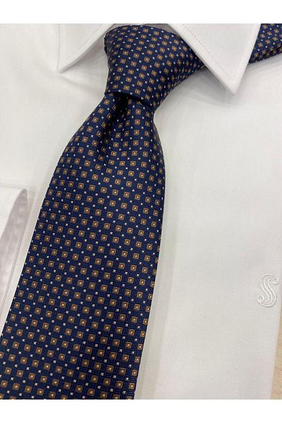 Cacharel Woven Fabric Patterned Navy Blue Brown Tie