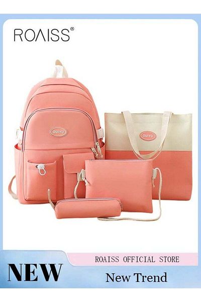 ROAISS 4 Pcs Letter Graphic Colorblock Backpack Set Sweet Large Capacity School Bag Bookbag Shoulder Totes