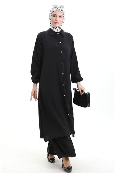 sefamerve Buttoned Long Tunic Trousers Double Suit 0089-02 Black