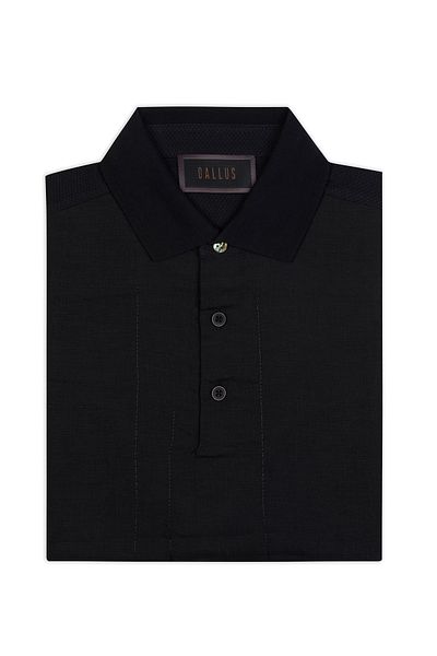 Gallus Black Polo Neck Patterned Regular Fit Cotton Linen T-Shirt