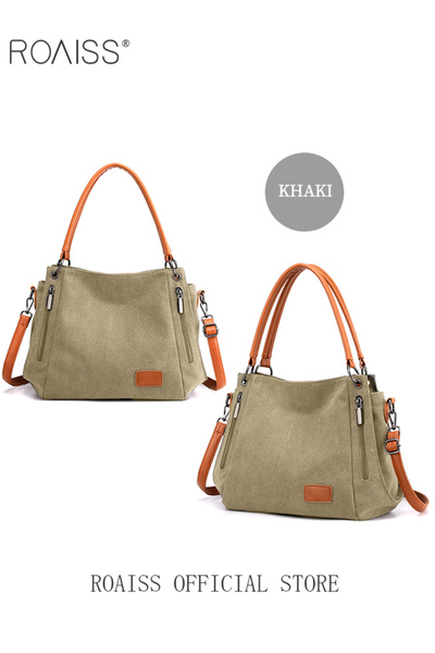 ROAISS Large Capacity Shoulder Tote Bag Casual Canvas Handbag Crossbody with Long Strap Multi Pocket for Yo