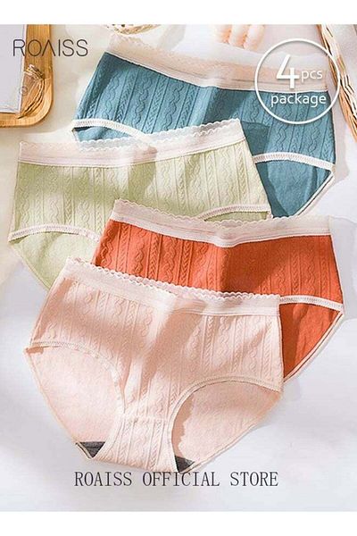 ROAISS 4 Pack Set Women's 95% Cotton Briefs Lace Stripe Sweet Textured High Stretch Panties Mid-waist Hygie