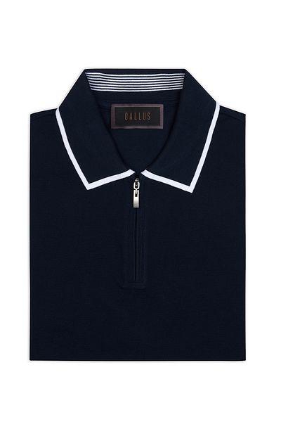 Gallus Navy Blue Zippered Polo Neck Pique Mercerized Regular Fit T-Shirt