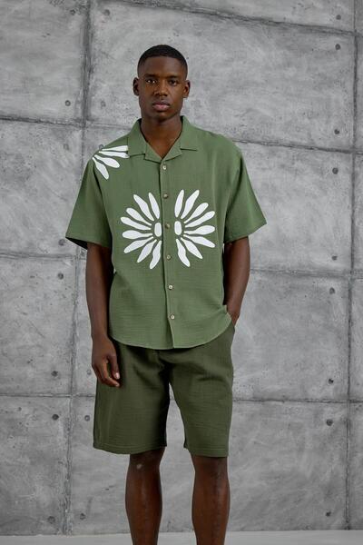 NOMARC Πουκάμισο υπερμεγέθους με κοντό μανίκι με στάμπα Khaki Nmrc