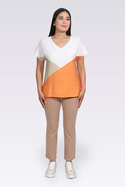 TOLGA SARAÇOĞLU 11040 Orange Color Blocked V-Neck Low Sleeve Bluz