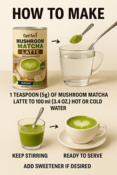 OptiTect Mushroom Matcha Latte, 100 Gm, Mushroom Blend, Vegan Collagen Booster, Skin, Hair &