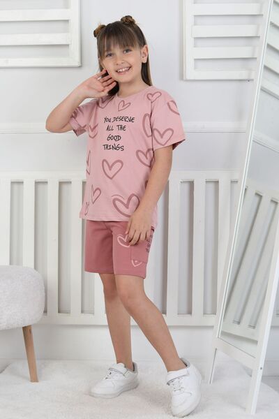 ZUZUNGA Good Things Heart Patterned Girls' Top Single Jersey Bottom 2 Thread Shorts Set