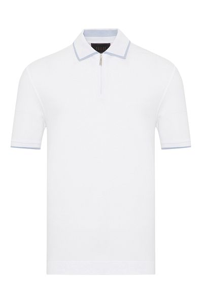 Gallus White Zippered Polo Neck Pique Mercerized Regular Fit T-Shirt