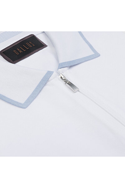 Gallus White Zippered Polo Neck Pique Mercerized Regular Fit T-Shirt
