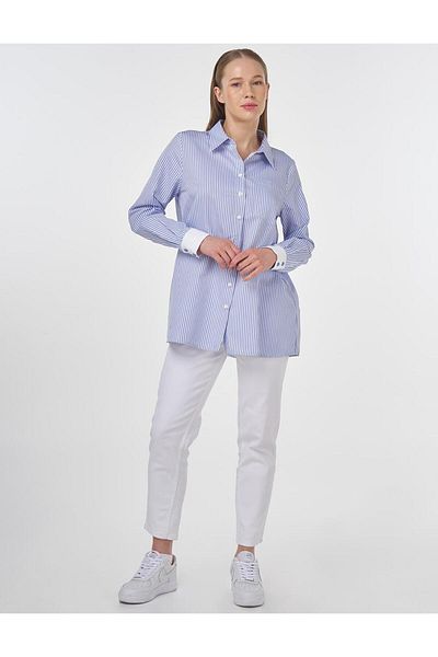 Kayra Tunica de bază cu model de linie din amestec de bumbac albastru