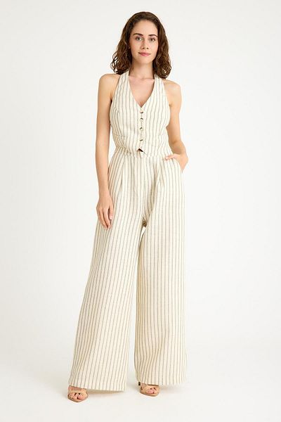 NİLİST Linen Lined Green Striped Cream Color Halter Jumpsuit