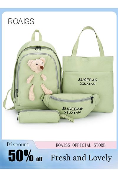 ROAISS 4 Pcs Casual Doll Backpack Set Cute Bear Sweet Large Capacity Canvas Schoolbag Crossbody Sling Bag T
