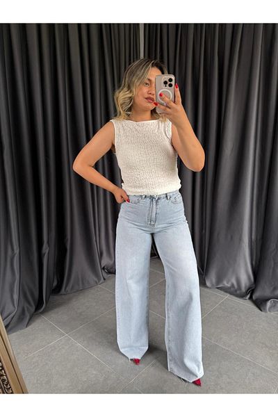 BÜŞRA PERKER 21016 Ecru Boat Neck Lace Top